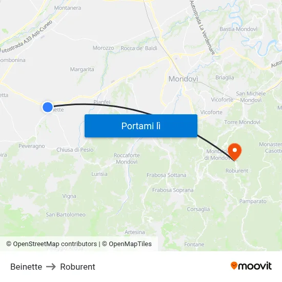 Beinette to Roburent map