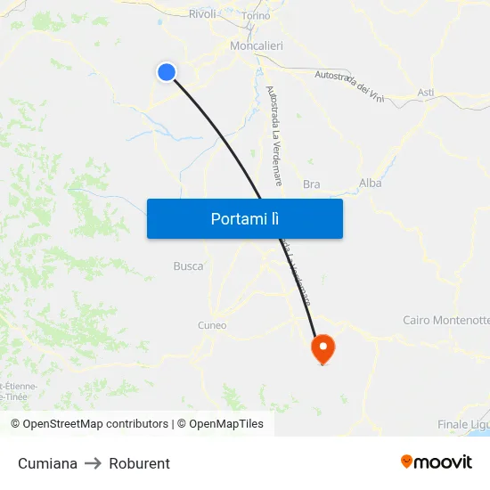 Cumiana to Roburent map