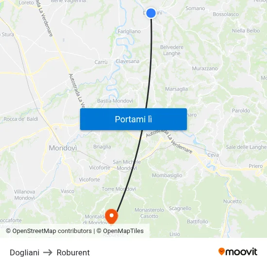 Dogliani to Roburent map