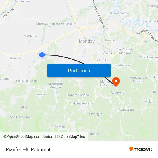 Pianfei to Roburent map