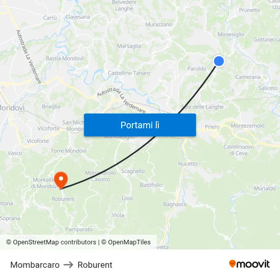 Mombarcaro to Roburent map