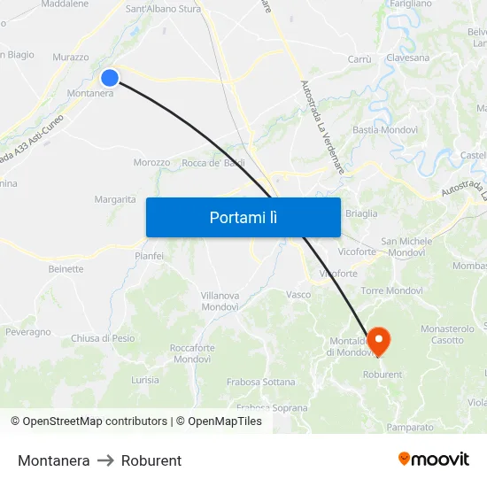 Montanera to Roburent map