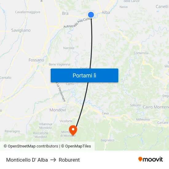 Monticello D' Alba to Roburent map
