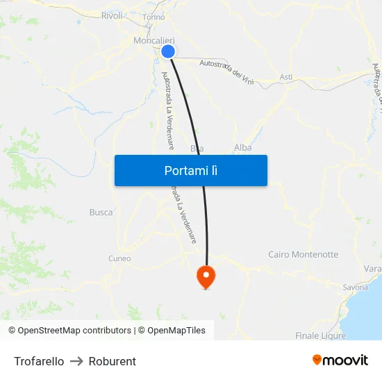 Trofarello to Roburent map