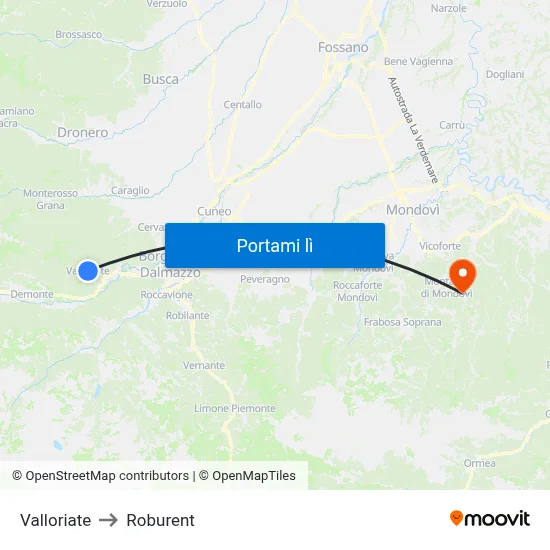 Valloriate to Roburent map