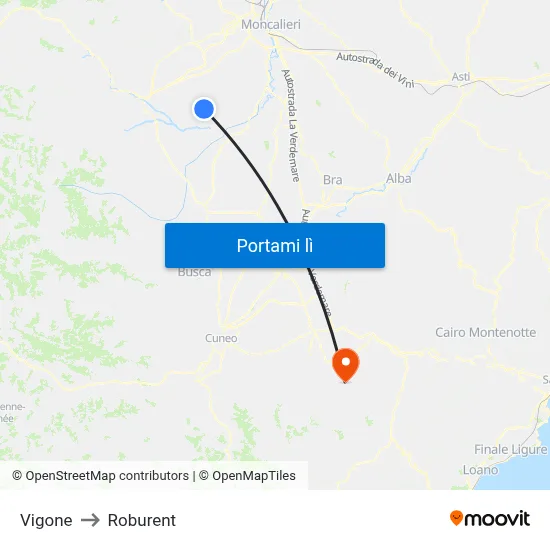 Vigone to Roburent map