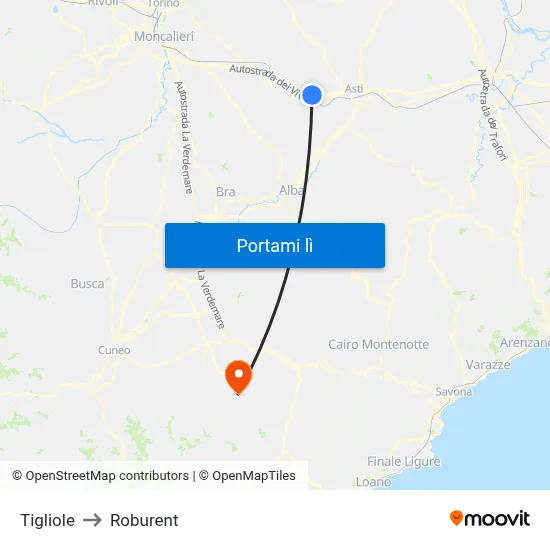 Tigliole to Roburent map