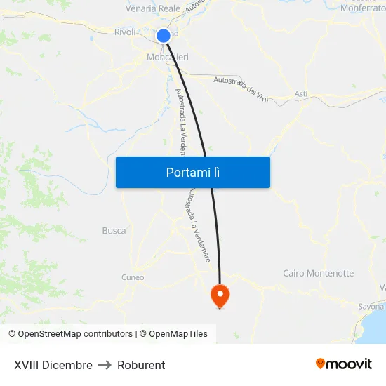 XVIII Dicembre to Roburent map