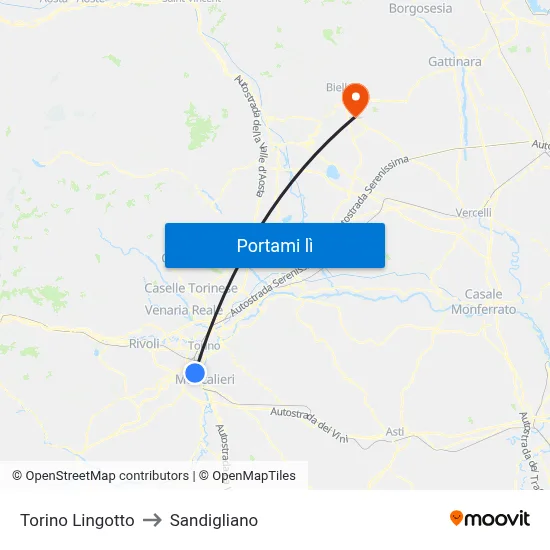 Torino Lingotto to Sandigliano map