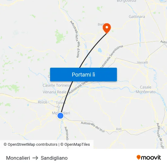 Moncalieri to Sandigliano map