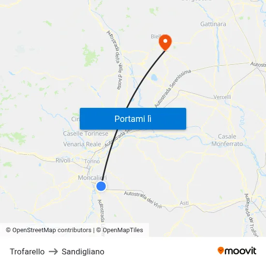 Trofarello to Sandigliano map