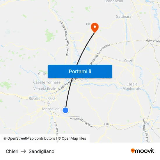 Chieri to Sandigliano map
