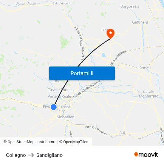 Collegno to Sandigliano map