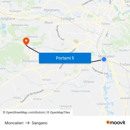 Moncalieri to Sangano map