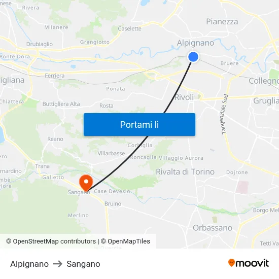 Alpignano to Sangano map