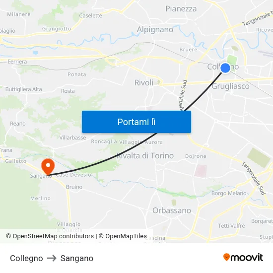 Collegno to Sangano map