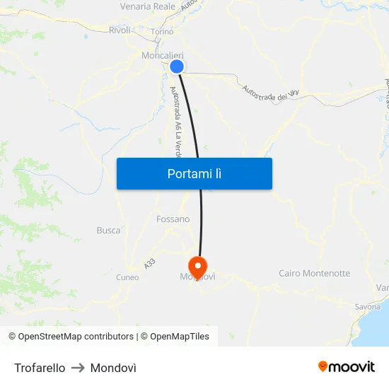 Trofarello to Mondovì map