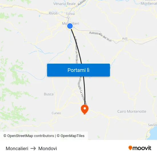 Moncalieri to Mondovì map