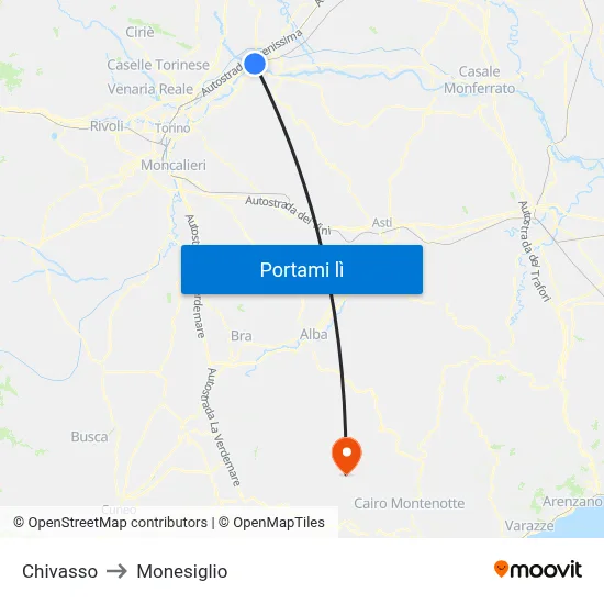 Chivasso to Monesiglio map