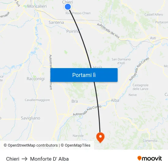 Chieri to Monforte D' Alba map