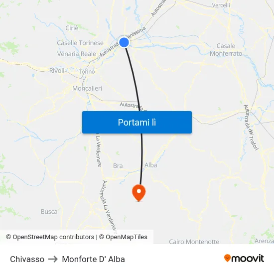 Chivasso to Monforte D' Alba map