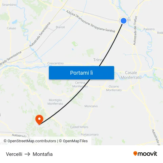 Vercelli to Montafia map