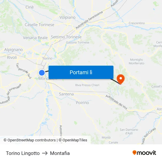 Torino Lingotto to Montafia map