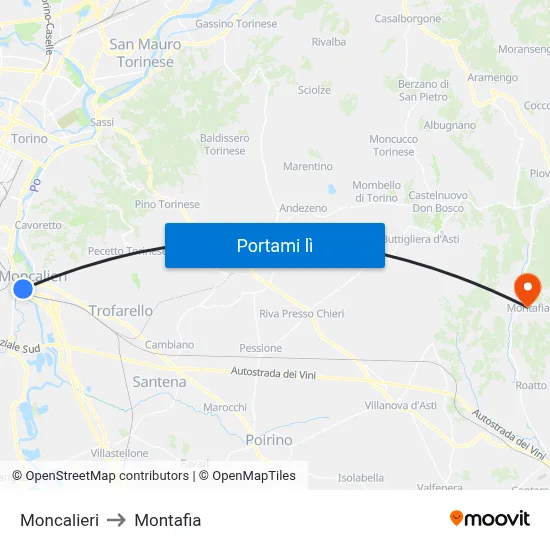 Moncalieri to Montafia map