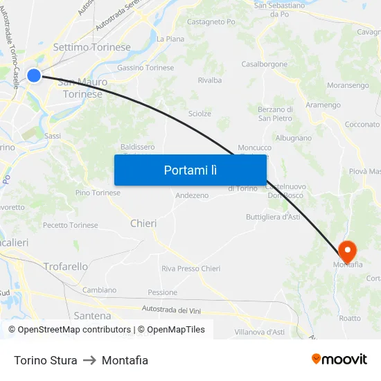 Torino Stura to Montafia map