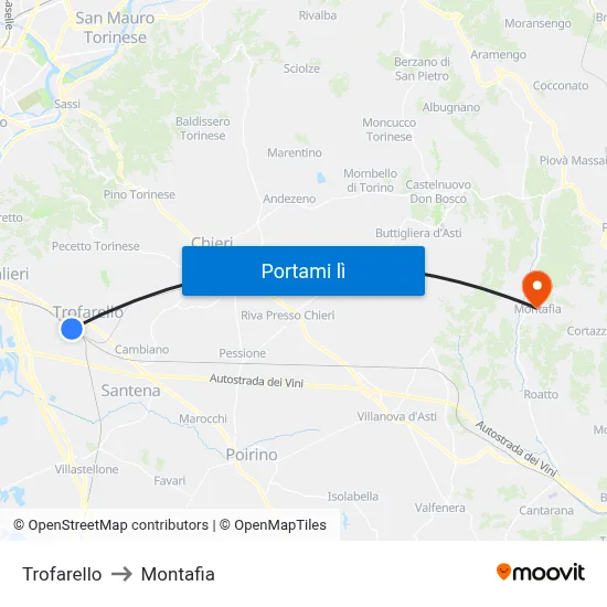 Trofarello to Montafia map