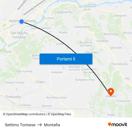 Settimo Torinese to Montafia map