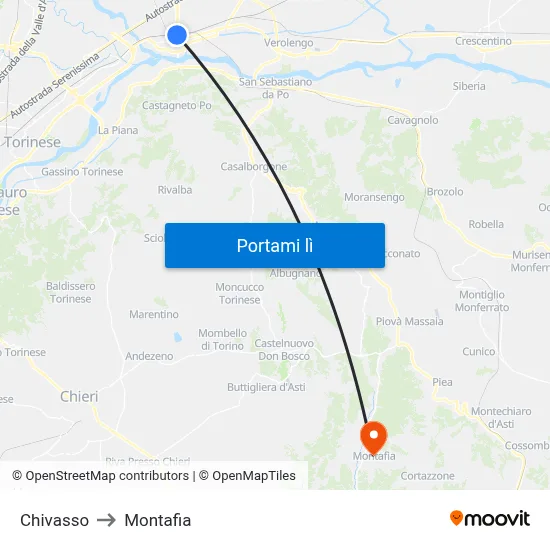 Chivasso to Montafia map