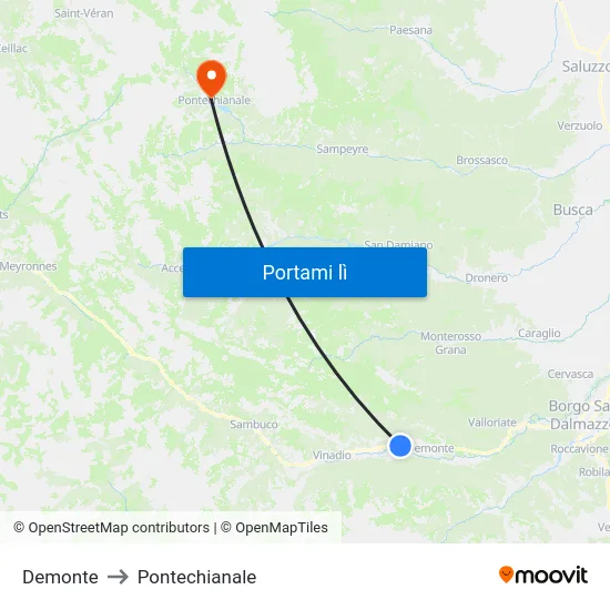Demonte to Pontechianale map