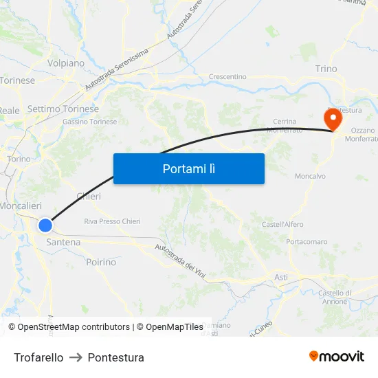 Trofarello to Pontestura map