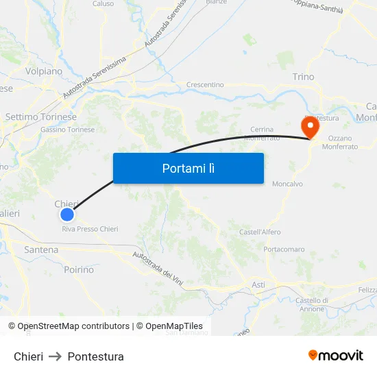 Chieri to Pontestura map