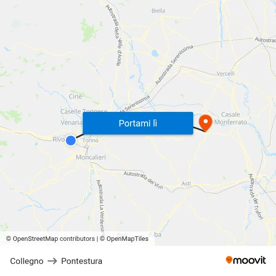 Collegno to Pontestura map