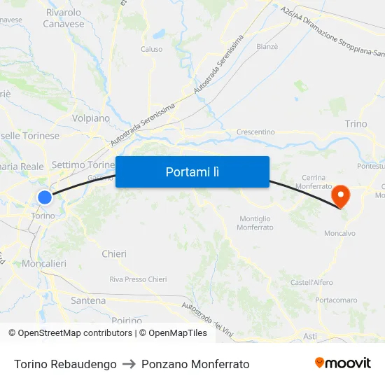 Torino Rebaudengo to Ponzano Monferrato map