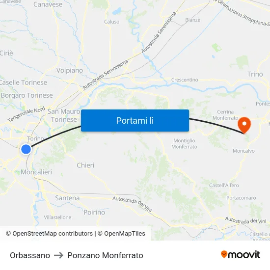 Orbassano to Ponzano Monferrato map