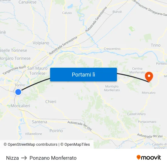 Nizza to Ponzano Monferrato map