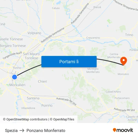Spezia to Ponzano Monferrato map