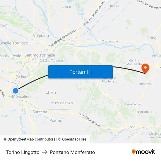 Torino Lingotto to Ponzano Monferrato map