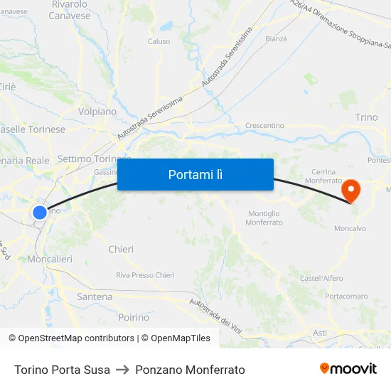 Torino Porta Susa to Ponzano Monferrato map