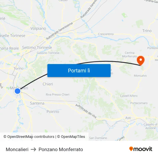 Moncalieri to Ponzano Monferrato map