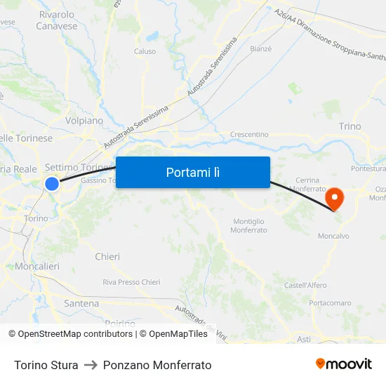 Torino Stura to Ponzano Monferrato map