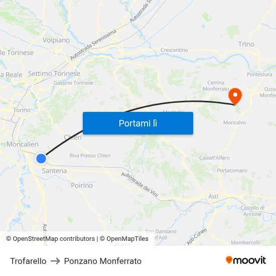 Trofarello to Ponzano Monferrato map