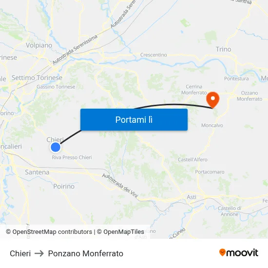 Chieri to Ponzano Monferrato map