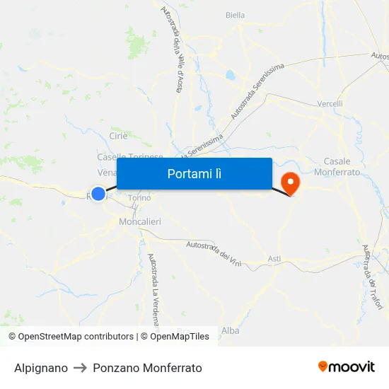 Alpignano to Ponzano Monferrato map
