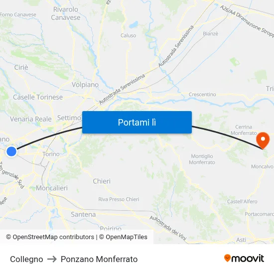 Collegno to Ponzano Monferrato map