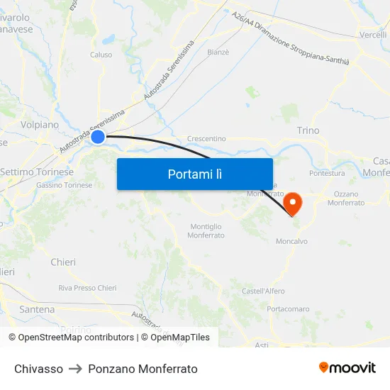 Chivasso to Ponzano Monferrato map