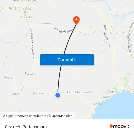 Ceva to Portacomaro map